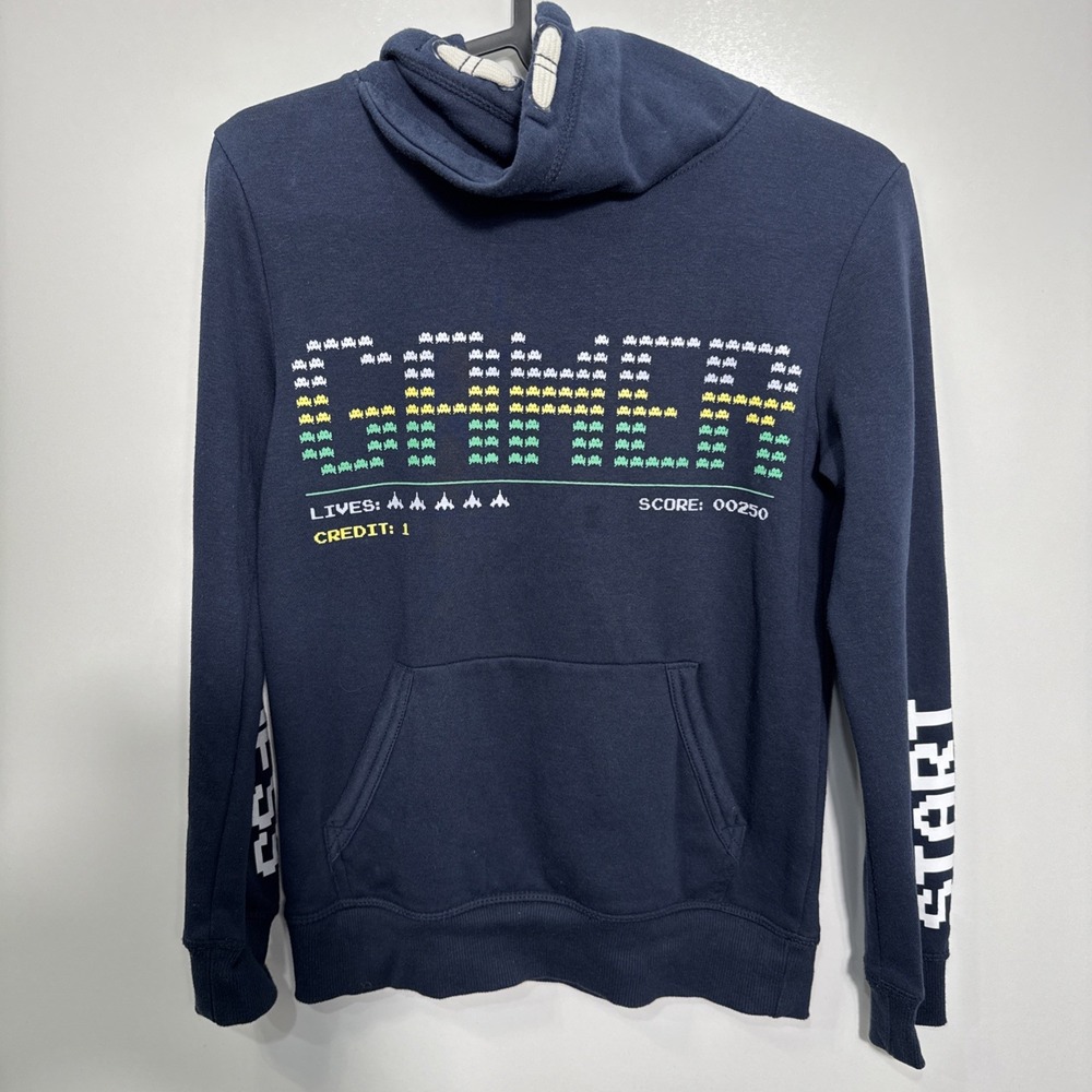 USED‎ H&M Boys 8-10 year Sweatshirt Blue Funnel Neck Gamer Graphic Warm Cozy